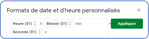 menu format date heure minutes secondes selectionne google sheets