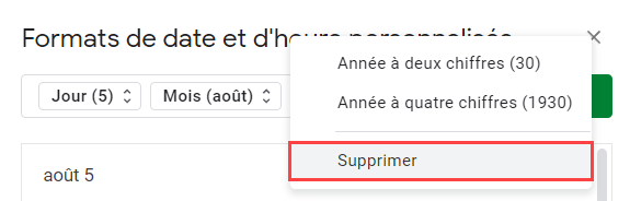 menu format date heure supprimer google sheets