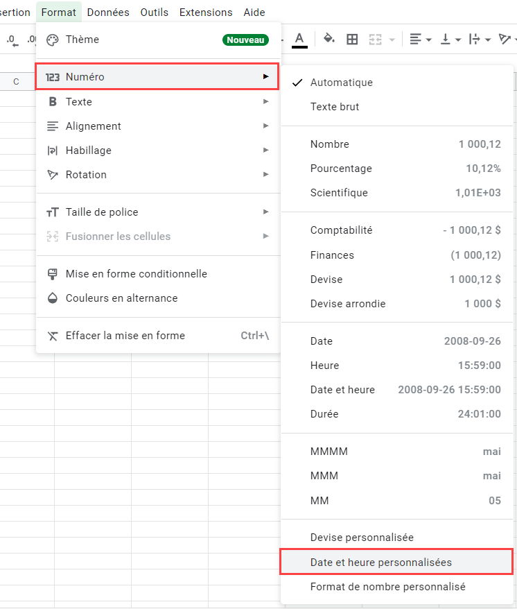 menu format nombre date heure google sheets