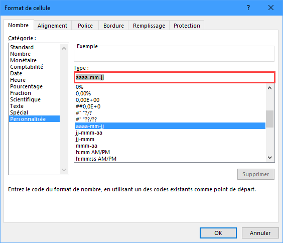 menu formatage cellule date