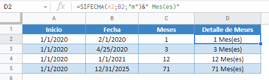 meses entre fechas detalle gsheets