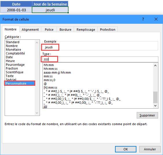 nom jour semaine date format cellule