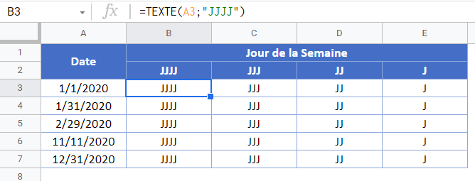 nom jour semaine date google sheets