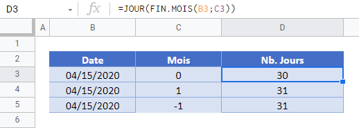 numero jour dernier fin mois google sheets