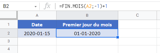 premier jour mois fin mois google sheets