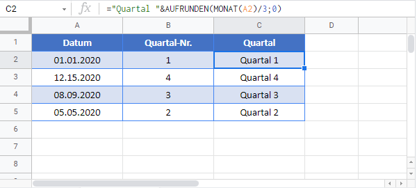 quartal aus datum google sheets