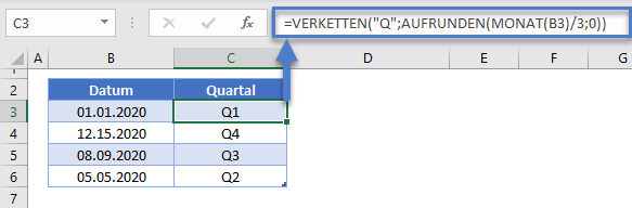 quartal aus datum verketten aufrunden monat funktion kurz