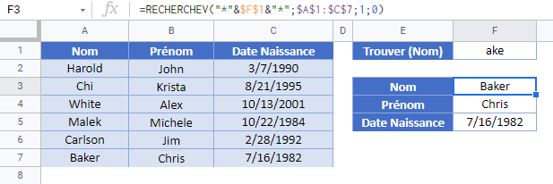 recherchev contient equivalence partielle google sheets