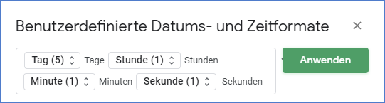 sekunden umrechnen benutzerdefiniertes format anwenden google sheets