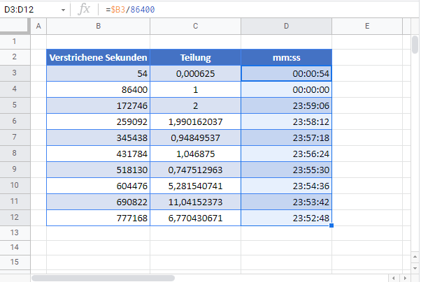 sekunden umrechnen format stunde minute sekunde gewaehlt google sheets