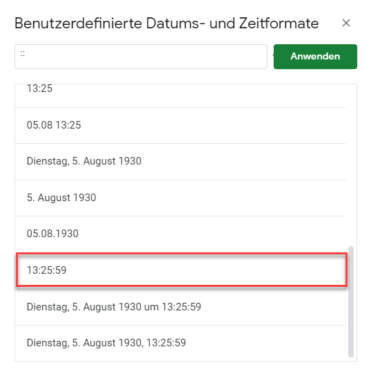 sekunden umrechnen format waehlen google sheets