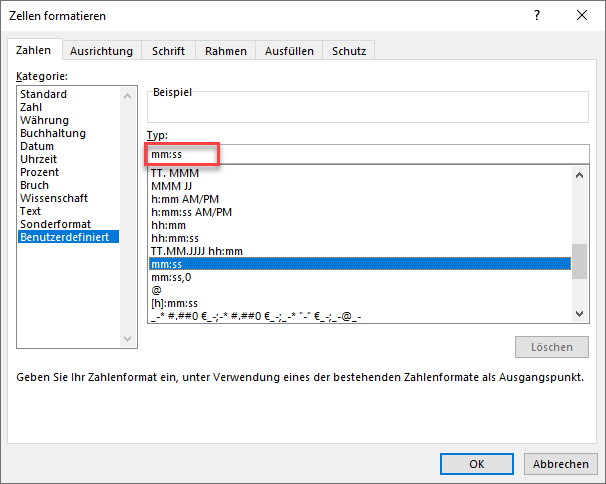 sekunden umrechnen zellen formatieren benutzerdefiniert mm ss