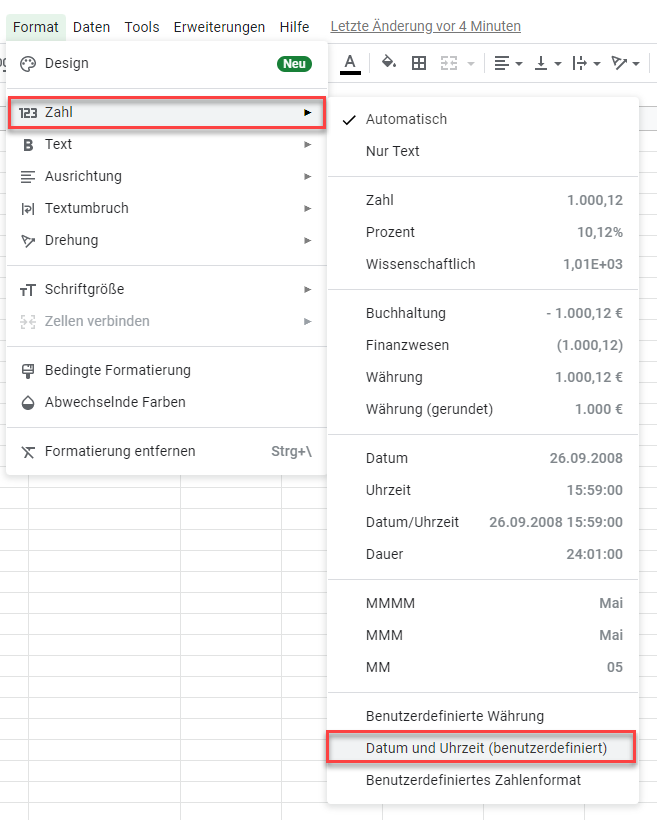 sekunden umrechnen zellen formatieren google sheets