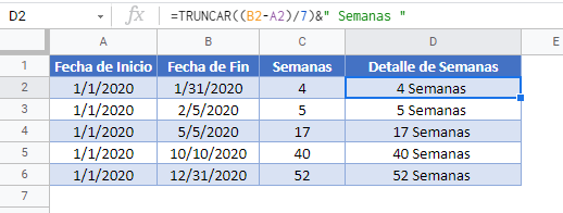 semanas entre fechas gsheets