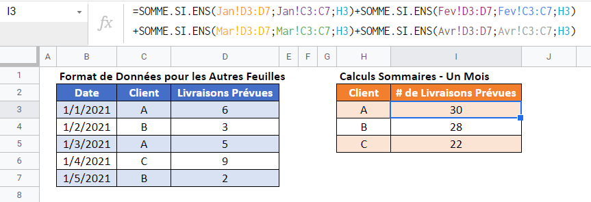 somme si ens feuilles multiples google sheets