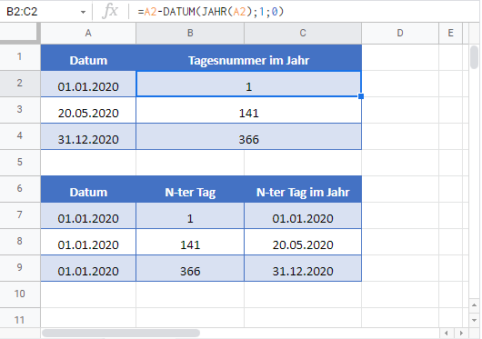 tagesnummer im jahr google sheets