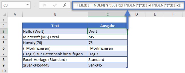 text zwischen zeichen extrahieren teil finden funktion