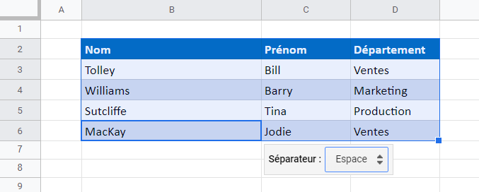 texte separe en colonne google sheets