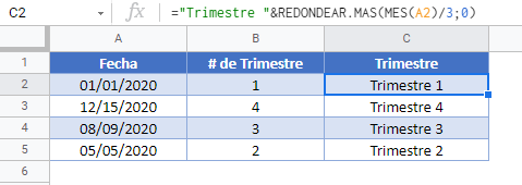 trimestre a partir de fecha gsheets