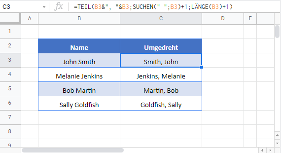 vor und nachnamen umstellen google sheets