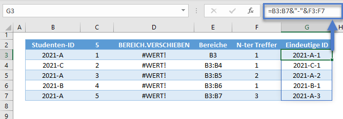 xverweis-doppelte werte dynamisches array eindeutige ID