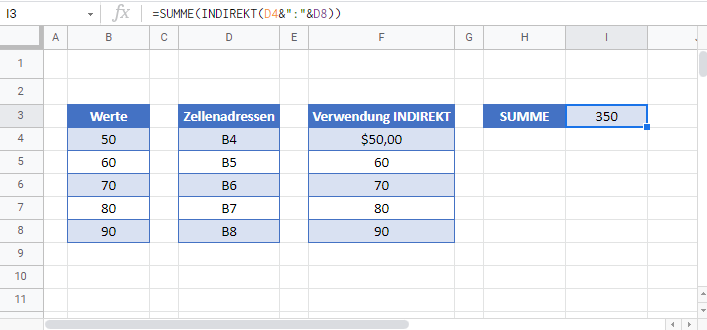 zellenwert in formel google sheets indirekt summe funktion