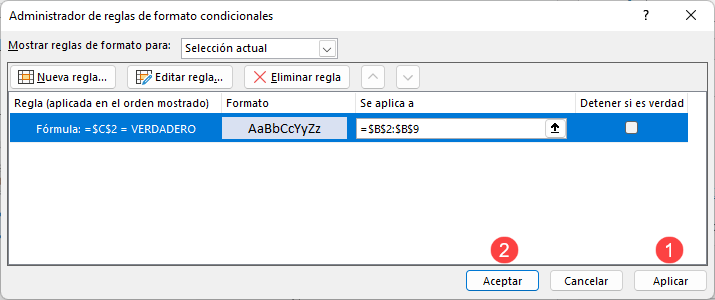 Aceptar Regla de Formato Condicional