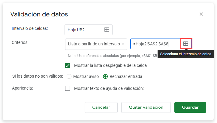 Actualizar Validación de Datos en Google Sheets Paso2