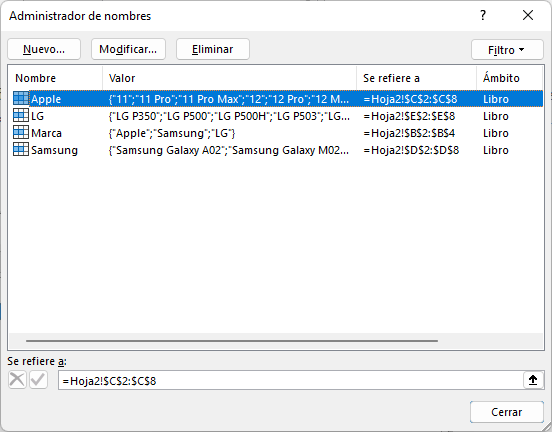 Administrador de Nombres en Excel
