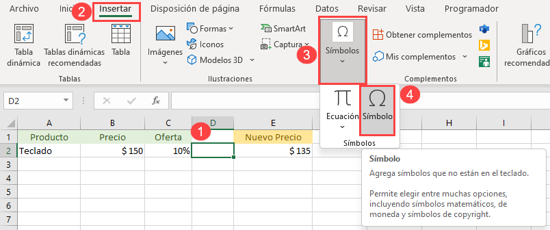 Agregar Símbolo en Excel Paso1