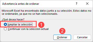 Ampliar Selección para Ordenar Tabla en Excel