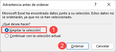 Ampliar Selección para Ordenar en Excel