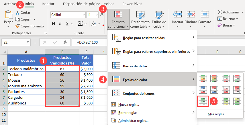 Añadir Escalas de Color Paso1 en Excel