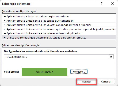 Aplicar Nueva Regla de Formato Fin de Semana Aceptar en Excel