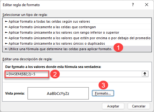 Aplicar Nueva Regla de Formato Fin de Semana en Excel