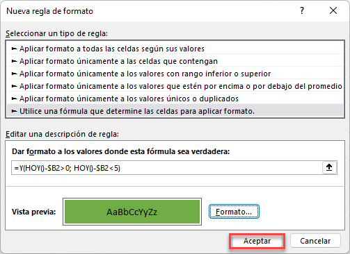 Aplicar Nueva Regla de Formato Paso Final en Excel