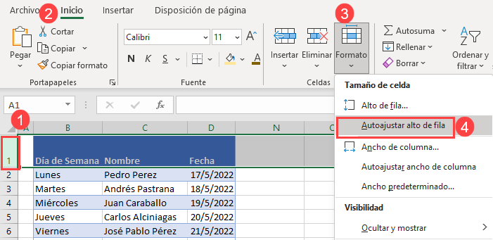 Autoajuste de Fila en Cinta de Opciones en Excel