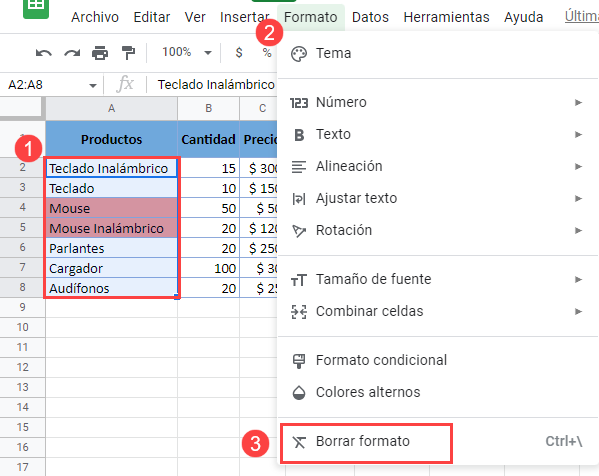 Borrar Formato Condicional en Google Sheets