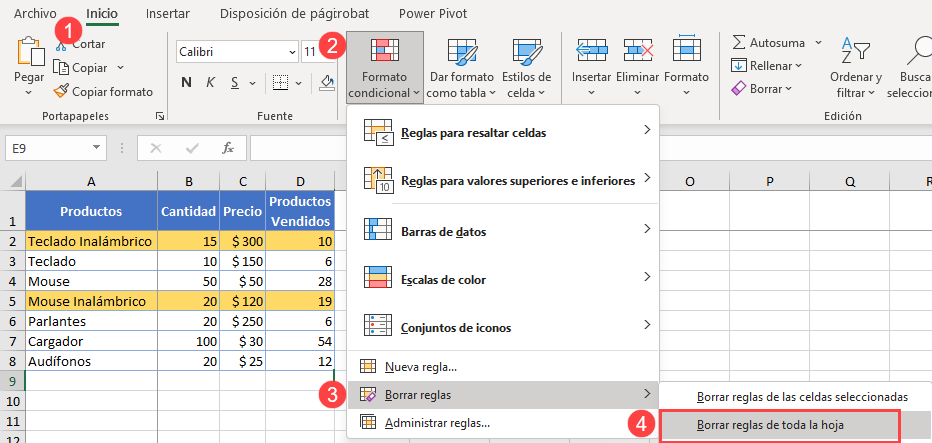 Borrar Reglas de Formato Condicional de Toda la Hoja en Excel