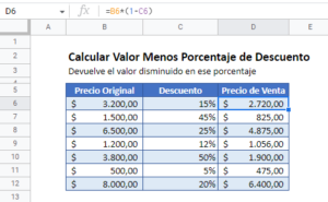 Calcular Valor Menos Porcentaje de Descuento en Excel y Google Sheets ...