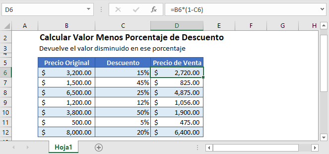 Calcular Valor Menos Porcentaje de Descuento en Excel