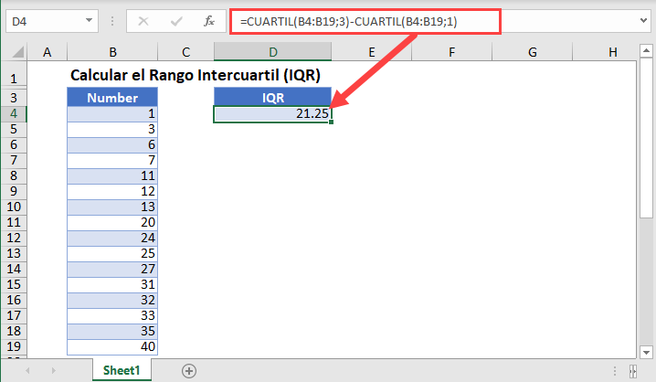 Calcular el Rango Intercuartil IQR en Excel