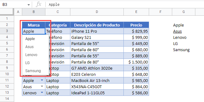 Celda Validada con Lista Ordenada en Google Sheets