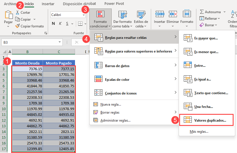 Comparar Utilizando el Formato Condicional Paso1 en Excel