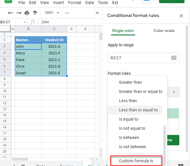 Conditional formatting based on vlookup result step2 gsheets