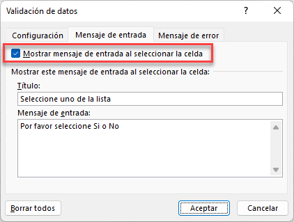 Configurar Mensaje de Entrada en Validación de Datos en Excel