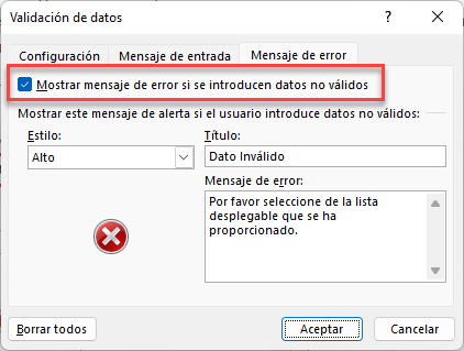 Configurar Mensaje de Error en Validación de Datos en Excel