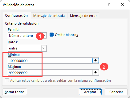 Configurar Validación de Datos Número de Teléfono en Excel