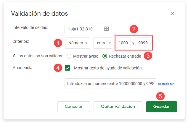 Configurar Validación de Datos Número de Teléfono en Google Sheets Paso2