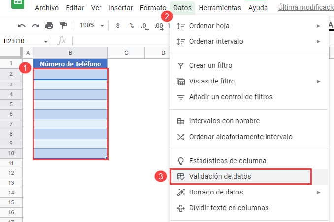 Configurar Validación de Datos Número de Teléfono en Google Sheets